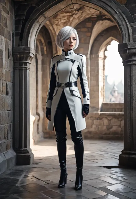 futuristic character, full body, slim body, short hair, white hair, standing in the castle.