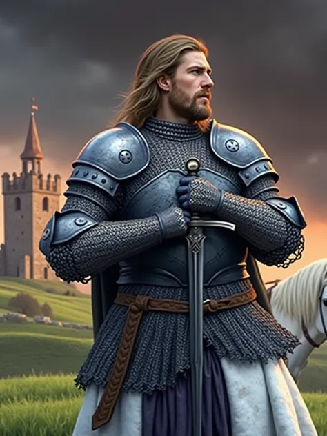 a medieval knight in yorkshire, medieval castle, rolling hills, cloudy sky, sword and shield, chain mail armor, horse, detailed face and expression, intricate armor design, dramatic lighting, fantasy art, cinematic composition, moody color palette, detaile...