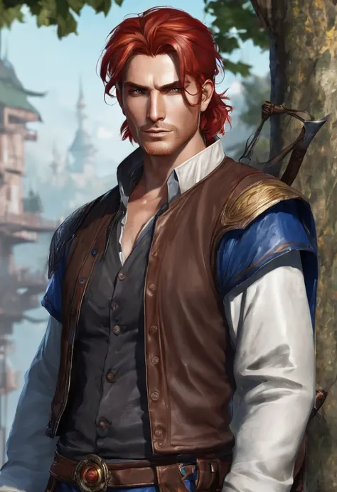 A male fantasy character with red hair. His eyes are red.  blue bir ceket ve brown bir pantalon giyiyor. 41 years old