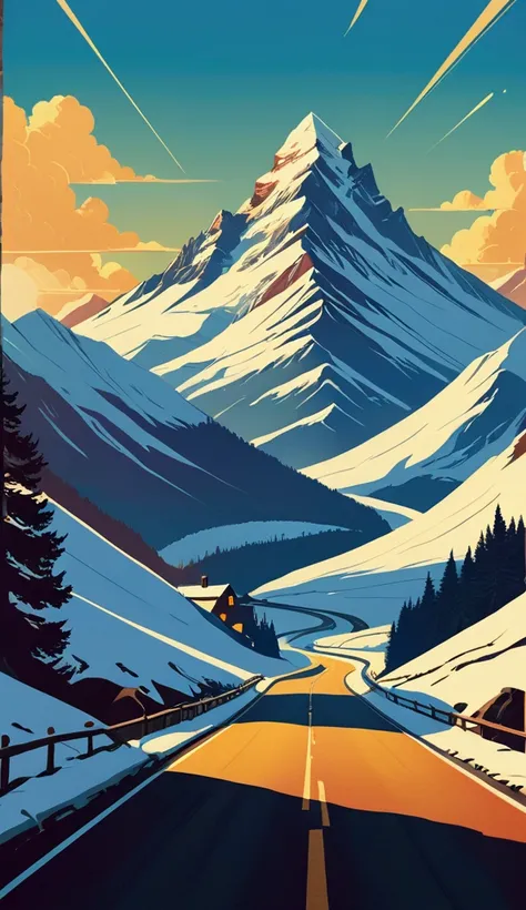 Create a retro-style digital illustration of a winding road through a snowy landscape with a towering, majestic mountain in the background. The scene should have strong contrast between the dark road and the bright snow, with golden light casting dramatic ...