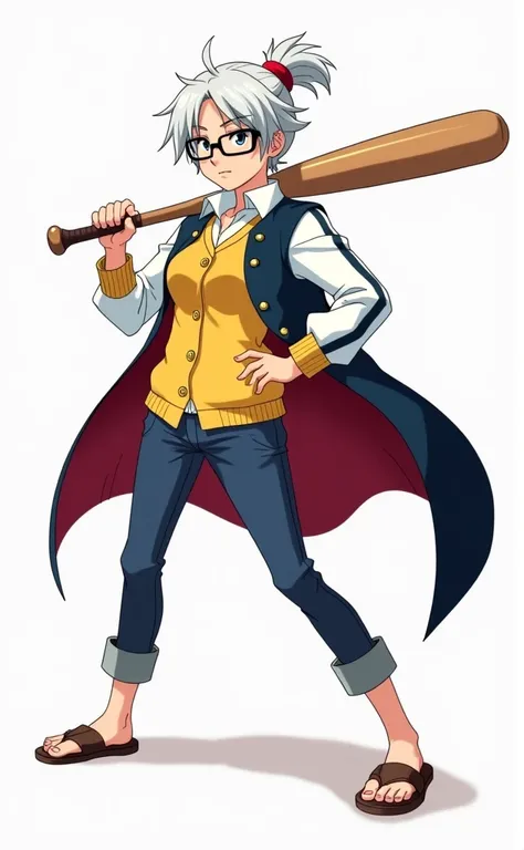 Create a dynamic anime-style illustration of Seiko Ayase from Dan Da Dan in a heroic pose. Depict her with her signature spiky white hair tied up with a red band, rectangular glasses, and a confident expression. Dress her in a yellow sweater vest with larg...