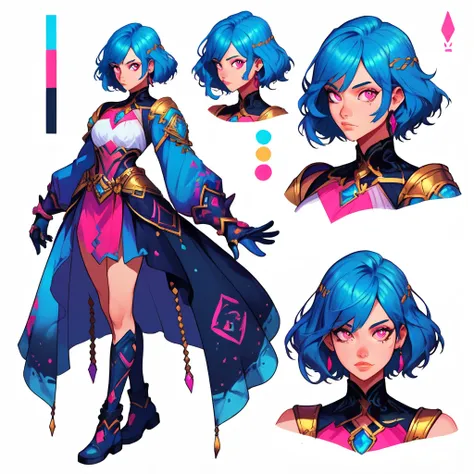 score_9, score_8_up, score_7_up, (charactersheet:1), epic fantasy character design, pink eyes, blue hair, puffy gloves, simple b...