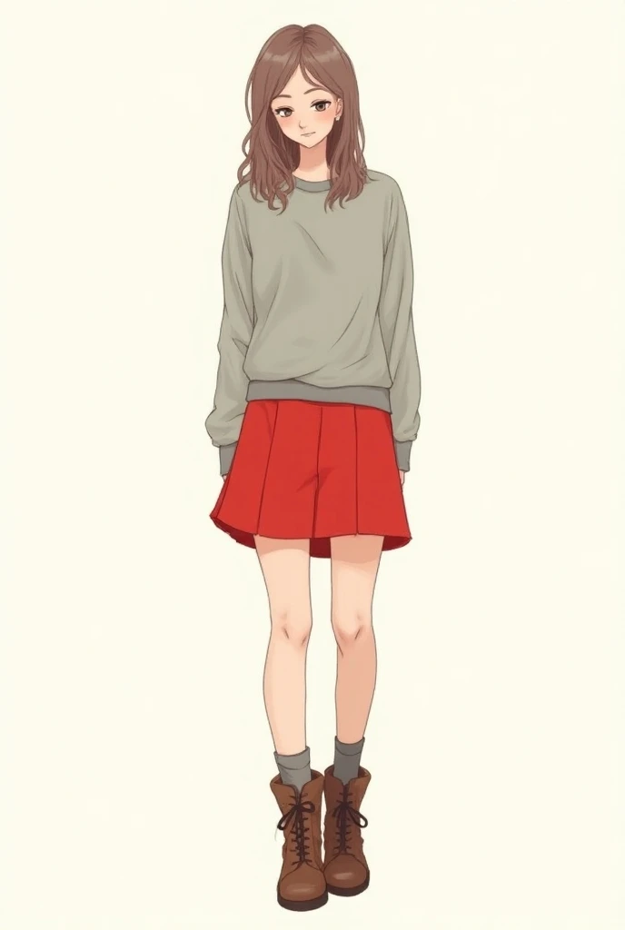 ue sweatshirt, red skirt, brown boots with a 30 cm tall  looking at his panties, Sound style in sketch 