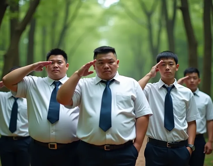  best quality on the tree, Face Focus,  Ultra High Resolution , (Reality:1.4), RAW photo, A group of obese young Chinese people in suits，Short hair flat head，Lips tightly closed，Dark blue tie、Tight white shirt、 shirt tucked into pants ， serious expression ...