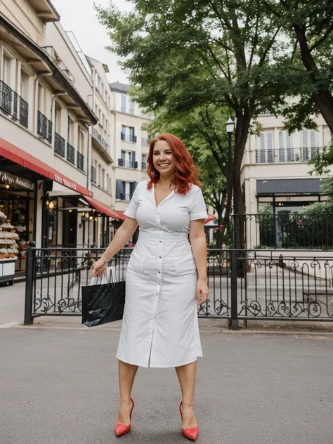 Xyrele, 1girl, solo, 30 years old, (((French face))), (((French nose))), (((French lips))), ((((chubby)))), (((wide hips))), (((red hair))), crinkly short hair, wearing casual designed modern dress wear, ((Background: Shopping at the outdoor mall)), ((uppe...