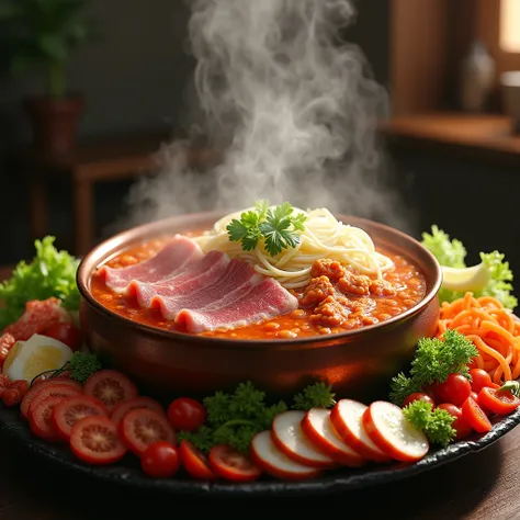 Copper Ding Hot Pot, surrounded by fresh meat, vegetables, seafood, and noodles.

dynamic movement, full body, photorealistic, Professional, perfect composition, intricate details, ultra-detailed