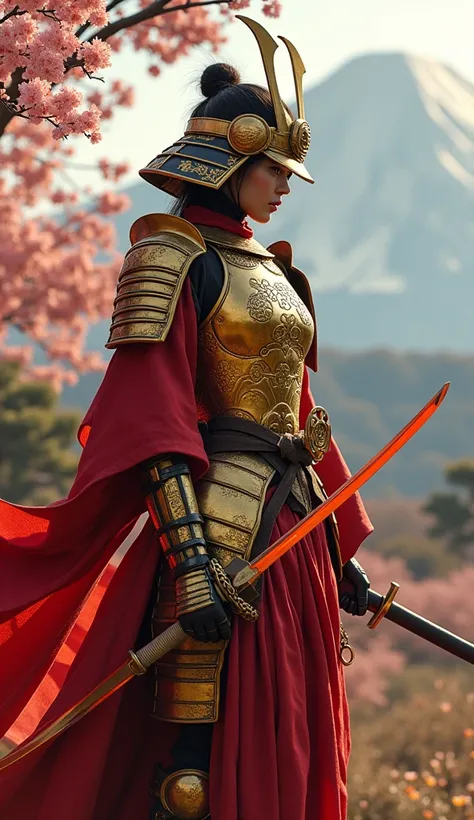 whole body,  a female samurai , gold armor ,  helmet , high heel shoes,  glowing katana stick ,  cherry blossom view of japan
