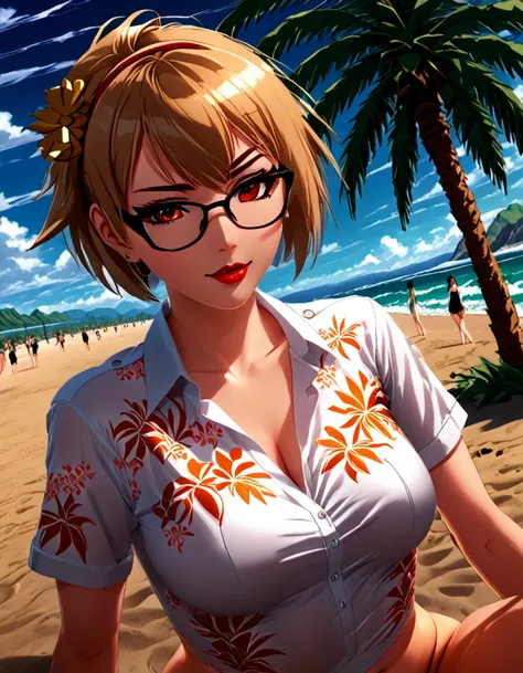 solo, full body,earrings, eyelashes, pantyhose,, (beach,(palm tree),crowd,(white shirt), floral print,red lips),sexy evocative s...