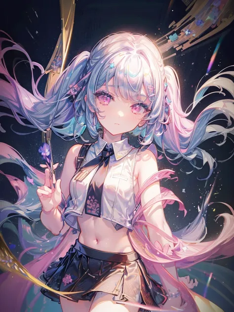 1girl in、florals,((masterpiece:1.4), best quality, HDR,UHD,8K), expressive eyes, cute chibi face, 1girl, solo, cute, perfect body, long light blue hair, wavy long bangs,chibi pink eyes, white skin, black crop top,pink tie, has black skirt,