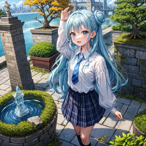 Light blue hair、Rainbow Eyes、Wavy Hair、Hair tied up、Two cute、 Plaid Mini Skirt 、Black T-shirt、Long sleeve、and、striped high socks、tie、Teeth are visible、Ice Castle、Tilting face、lawn、In front of the city gate、The stone is cracked、Uneven ground、Stone Wall、The ...