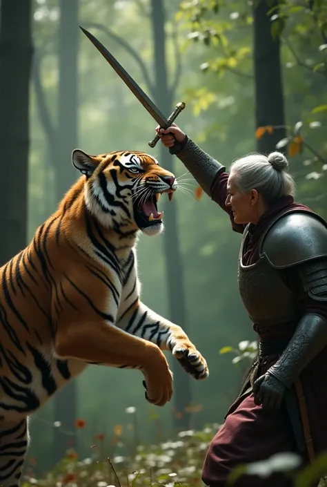 super realistic photo with ultra HD high resolution. A old woman silver bun hair is fighting with a tiger, the knight is in an attacking position and holding a sword, while the tiger is jumping ready to pounce, wilderness background with large trees