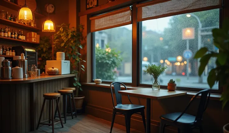  healing atmosphere 、 healing color 、Healing tone 、 Relaxed space 、Coffee shop、Rain outside the window、Retro、Lo-Fi、Detailed Description、masterpiece、Clear colors 、４k、 feels like music is playing 、 pull composition showing the inside of the store、 location i...