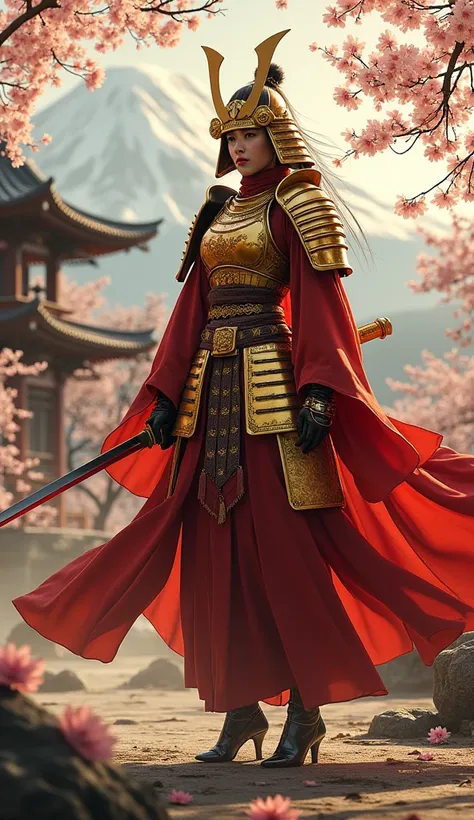 whole body,  a female samurai , gold armor ,  helmet , high heel shoes,  glowing katana stick ,  cherry blossom view of japan
