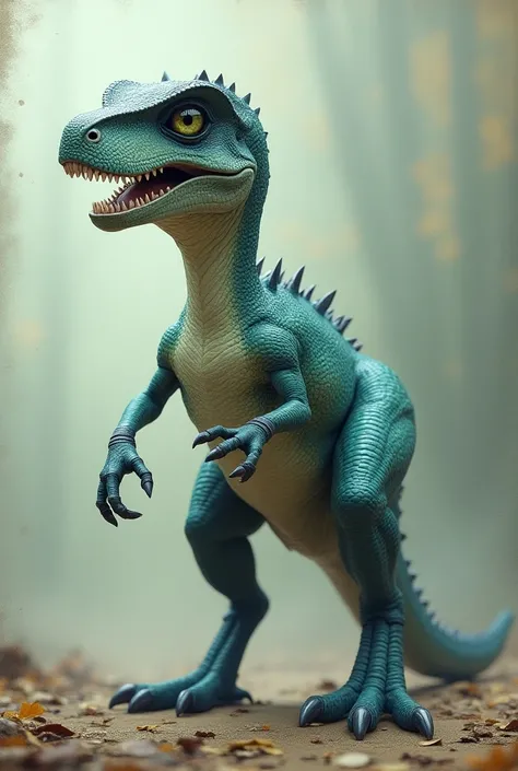 It features a striking, vividly rendered dinosaur reminiscent of a velociraptor. Its scaly skin is a blend of blues and greens that lend a surreal yet realistic quality. The creature holds a dynamic pose, displaying a long body and powerful limbs that sugg...