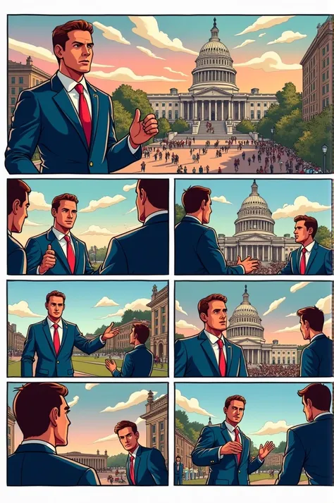 Generate me a senate candidate comic, that talks about their projects if they won the election in 7 scene frames