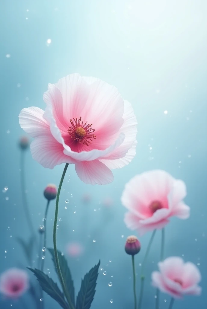 Create a beautiful and dreamy scene featuring delicate pink and white flowers, such as poppies, with soft, translucent petals. The flowers should appear to
be in bloom, with raindrops gently clinging to their petals and stems. The background should be a se...