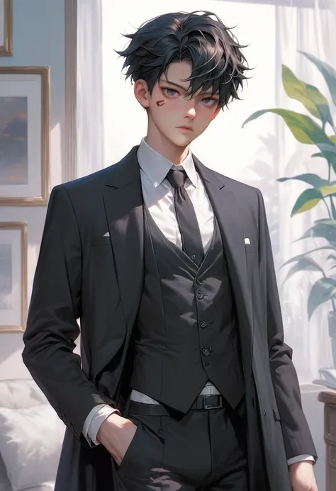 score_9, score_8_up, score_7_up, source_anime, solo, male focus, 1boy, choso, facial tattoo, expressionless, looking at you, standing, hand in pocket, short hair, black hair, short twintails, formal, black suit, black jacket, suit jacket, open jacket, long...