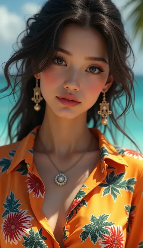 (best quality,8k,8ก,height,Masterpiece:1.2),very detailed,(realistic,photorealistic,photo-realistic:1.37),Bright colors,Incredible light,Winner of Digital Art category: Half-body portrait of a beautiful woman, complicated, Lovely expression., Wear a Hawaii...