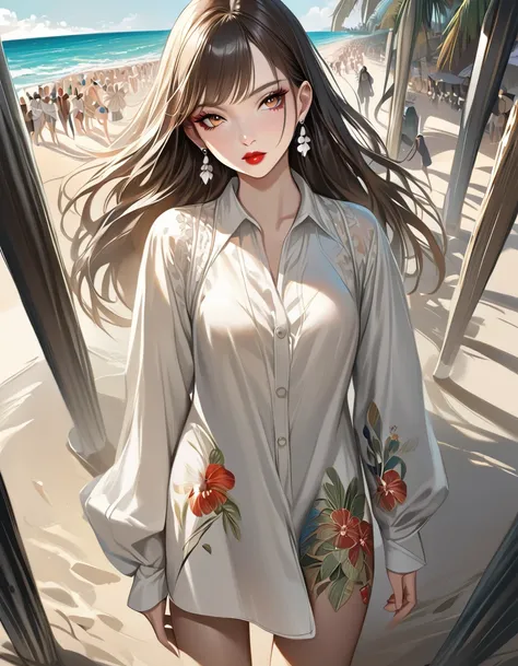 solo, full body,earrings, eyelashes, pantyhose,, (beach,(palm tree),crowd,(white shirt), floral print,red lips),sexy evocative s...