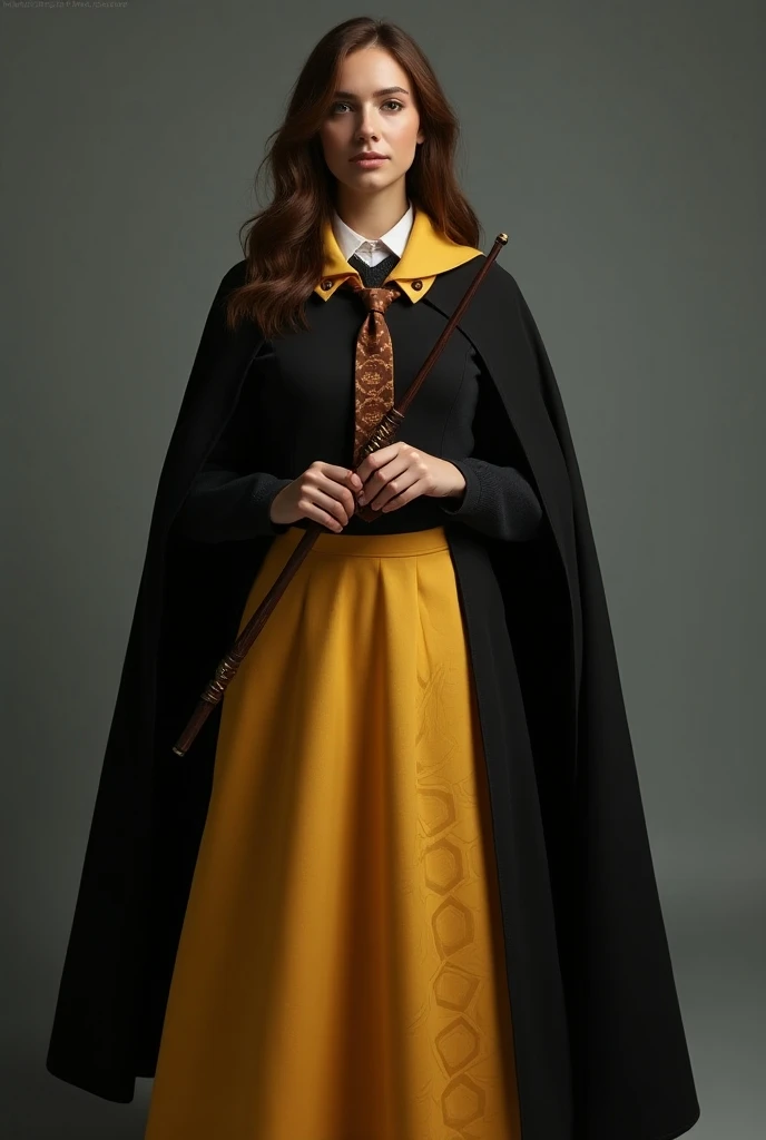 (Make the full body image )

You are Adela Light ,  adult magician with brown hair and eyes.  Your Hogwarts uniform is a fusion of logic and creativity.  The skirt is soft yellow with a pattern of hexagons ,  symbolizing your analytical mind .  The black c...