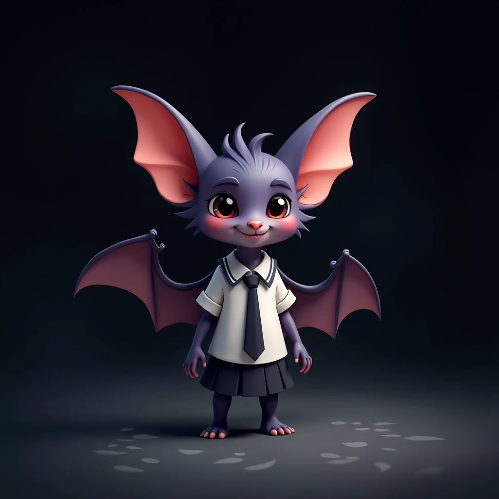 A small bat in school dress, the background is black, the cartoon style