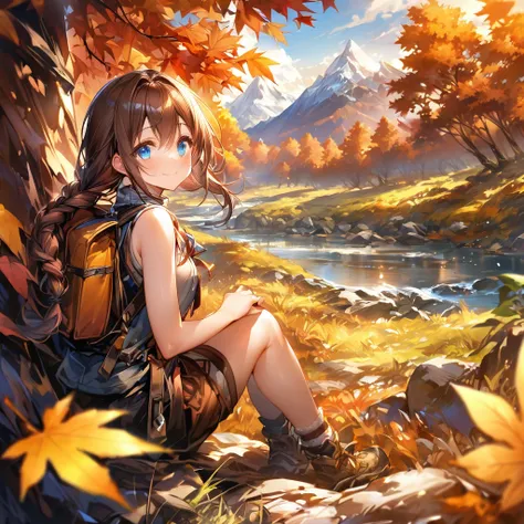 Mountaineering、camp、girl、solo、 sleeveless、smile、(1 very long braided pigtail)、Brown Hair、Blue Eyes、Autumn Mountains