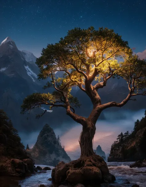 a beautiful girl standing in a serene mountain landscape at night, surrounded by a starry sky and a spider-man web-covered tree,...