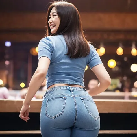 tight denim pants background blur　rear view　mature woman with ass , 50 years old, become very clear, wearing a short-sleeved kni...