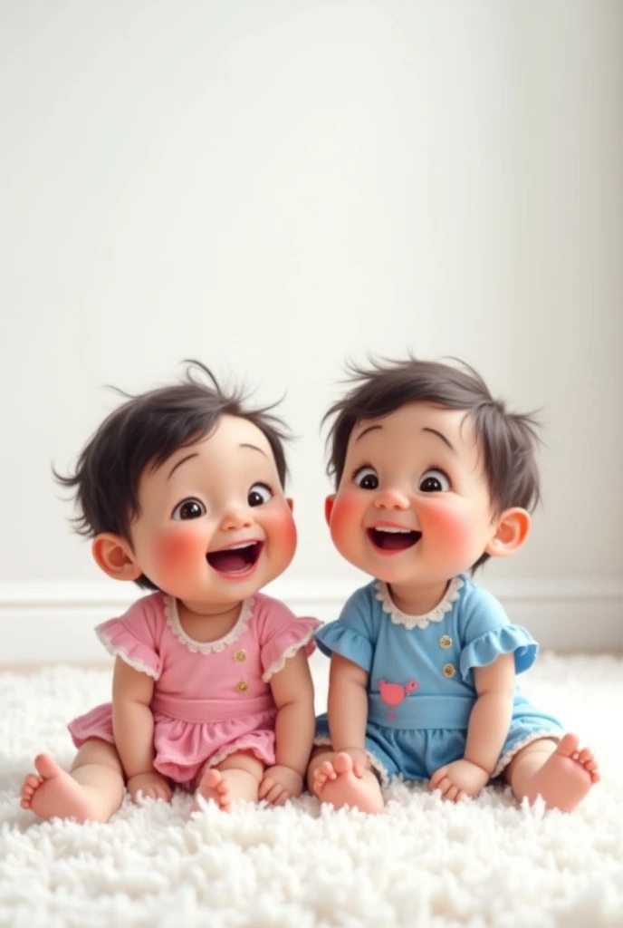 A baby in pink clothes , laughing out loud, dark brown hair, brown eye;  a baby in blue clothes , laughing out loud, dark brown hair, brown eye; sitting on a white carpet , photo studio with white scenographic background with a stork, book cover , ( Better...