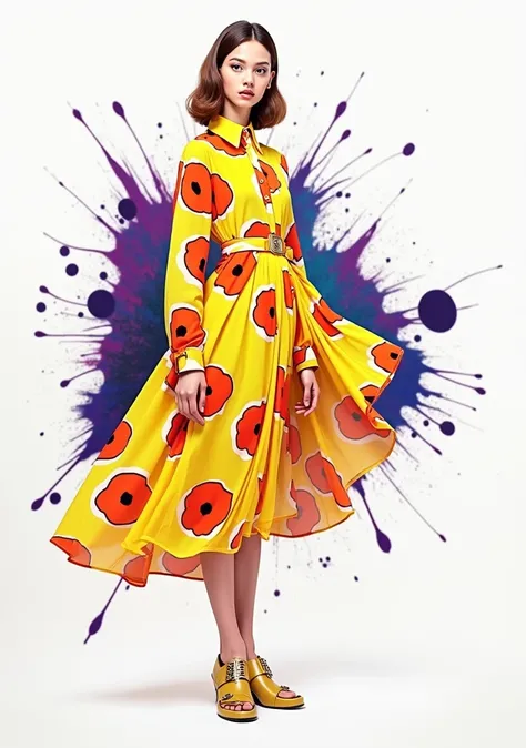  2025 spring and autumn loose shirt dress art design，Jean-Michel Basquiat street graffiti pattern style ， Super Pretty Girl Model Poppy Flower Form，British Vivienne Westwood Clothing Style ，Chiffon fabric ， high quality fabric ，--Aspect Ratio 1 : 2 --quali...