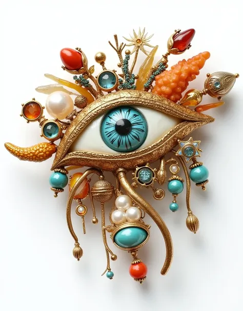 product design：exquisite exaggerated brooches，baroque pearls and an eye element and gemstone，sun，moon，beeswax，amber，turquoise，co...