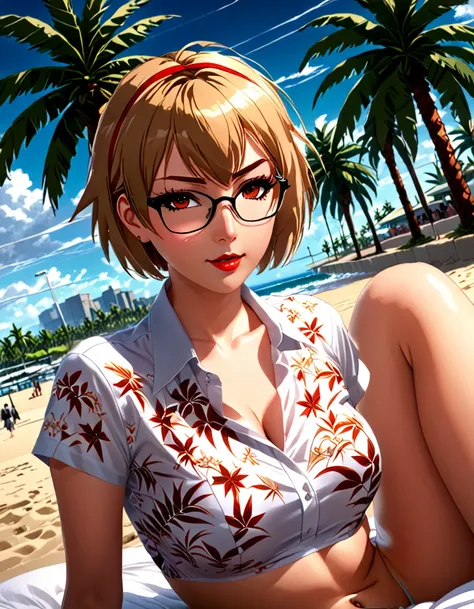 solo, full body,earrings, eyelashes, pantyhose,, (beach,(palm tree),crowd,(white shirt), floral print,red lips),sexy evocative s...