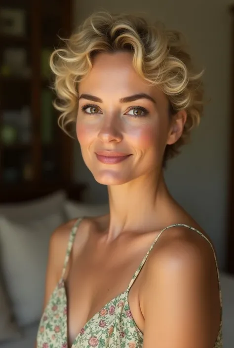 A forty-year-old blond woman , short curly hair, Youthful face,  light brown eyes , thin nose, full lips,  wearing a flowery long dress in the living room 