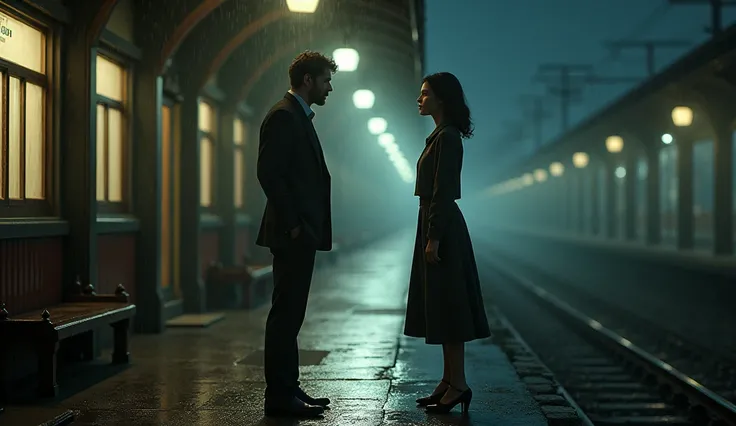 A nostalgic scene of a men and women standing apart on a rainy train station platform, looking at each other with a sense of longing.