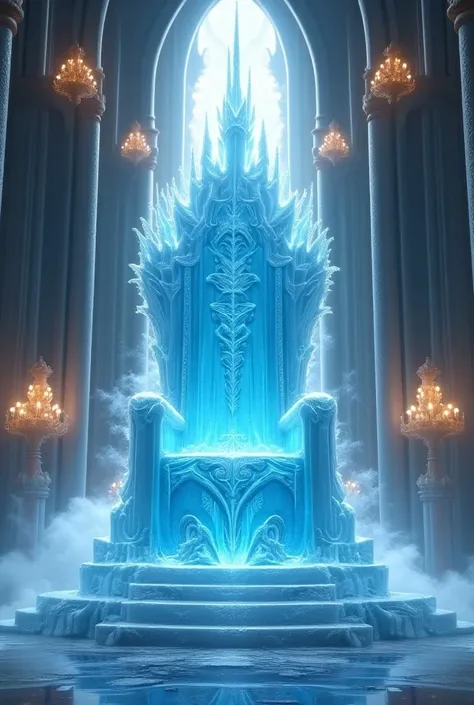 A magic frozen throne of ice in the middle of a royal hall in a fantasy setting