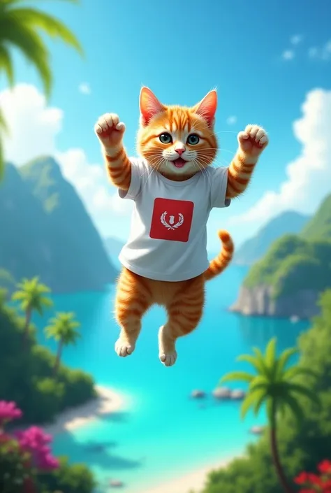 “A playful cat wearing a white T-shirt with a red logo is floating in mid-air above a stunning tropical island landscape. The scene below features lush green mountains, turquoise waters, and coral reefs. The sky is clear with fluffy clouds, and the cat app...