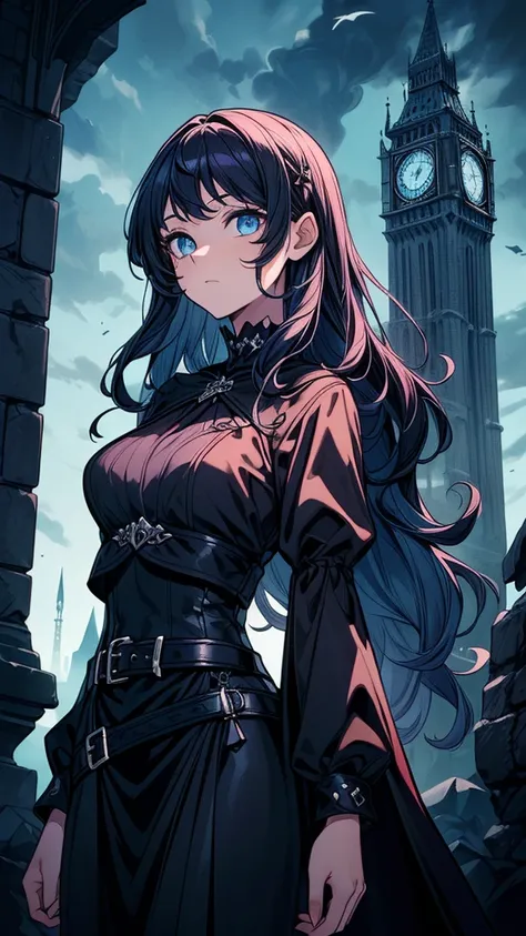 ((((masterpiece, best quality:1.3, high detail)))), beautiful woman, long wavy hair, (dark blue hair), hairpin, bright blue eyes, (purple blouse), ((long black skirt)), pencil skirt, (((long black skirt))), belt, collarbone, ((atmospheric)), ((shade)), sto...