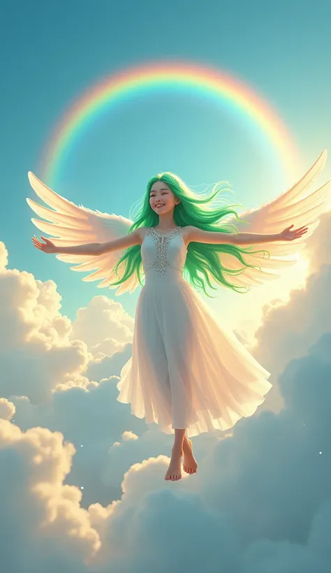 realistic image :  A Korean angel has long straight hair of bright green, little there are blue and bright red hair colors ,  beautiful and beaming flies gracefully in the blue sky.  She wore a clean white dress decorated with sparkling gemstones ,  which ...