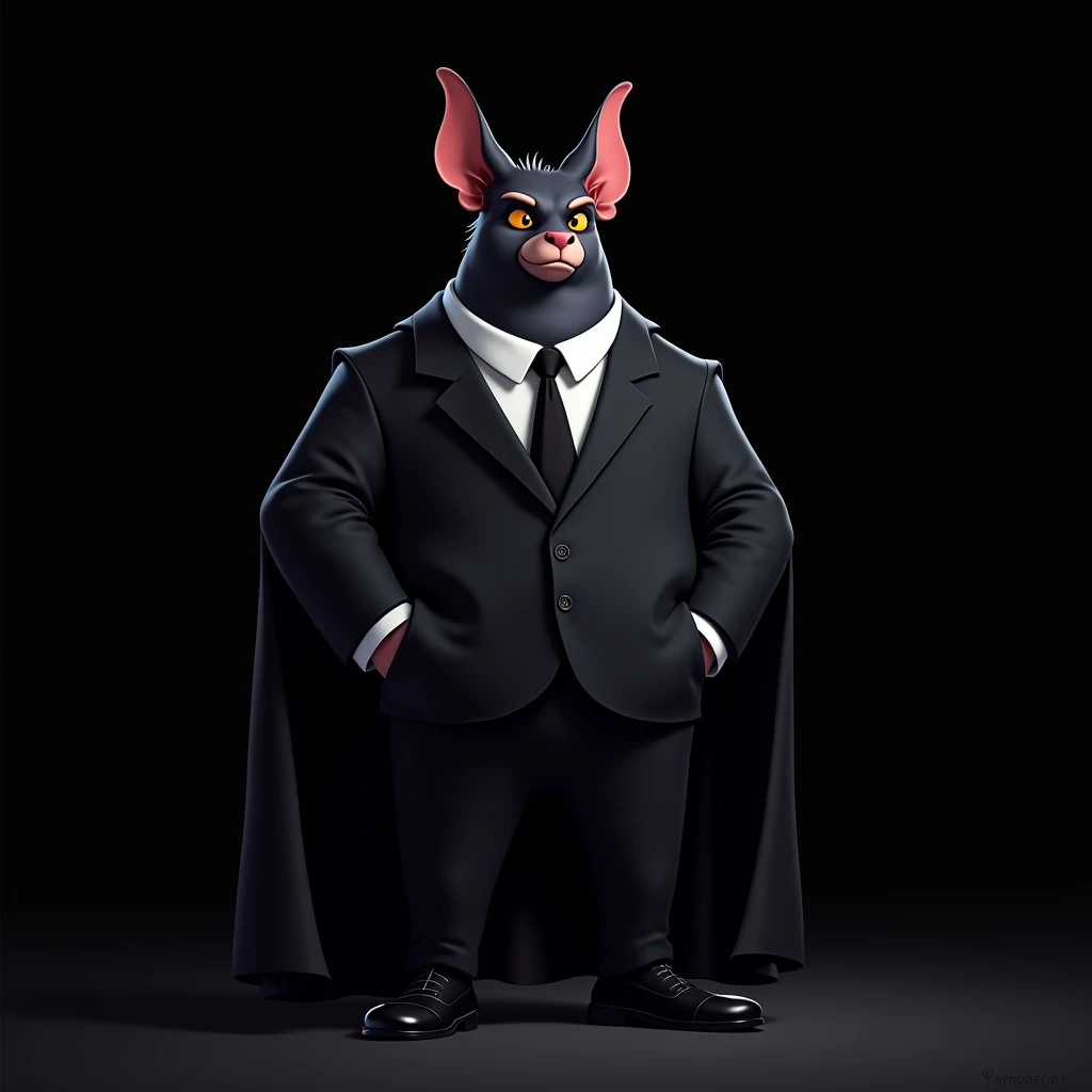 An adult bat in a black suit like a business man, the background is black, the cartoon style