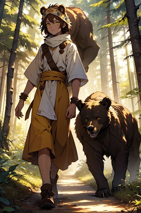 a hermitess wearing bear headdress  with light brown hair and yellow eyes wandering the woods 
