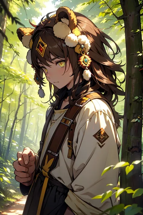 a hermitess with light brown hair and yellow eyes wearing bear headdress wandering the woods