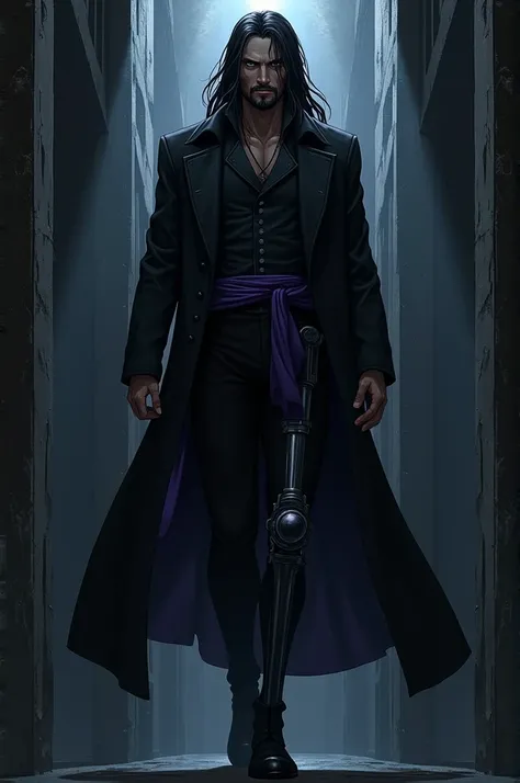  dark-skinned anime-style man , long straight black hair, small beard on his face ,  overcoat in black with purple details and a mechanical leg 
He is black in a dark cell where only a torch illuminates the place 