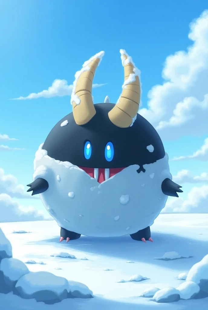  firnon gates rise majestically in a frosty landscape ,  with shimmering icicles its horns and an impressive presence. The sky is clear and blue,  which enhances the contrast to the cold .  firnongate is a medium-sized ,  floating and almost spherical Poké...