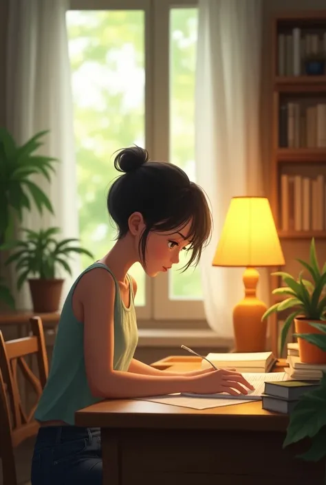 (((best quality))),(((very detailed))),(((masterpiece))),illustration,((1 beautiful girl, College student,alone)),((slim,thin,,flat chest)),(short ponytail:1.2),(sleeveless shirt:1.2), studying, books, dormitory, Summer Afternoon, sky, gloomy shadow, bed, ...