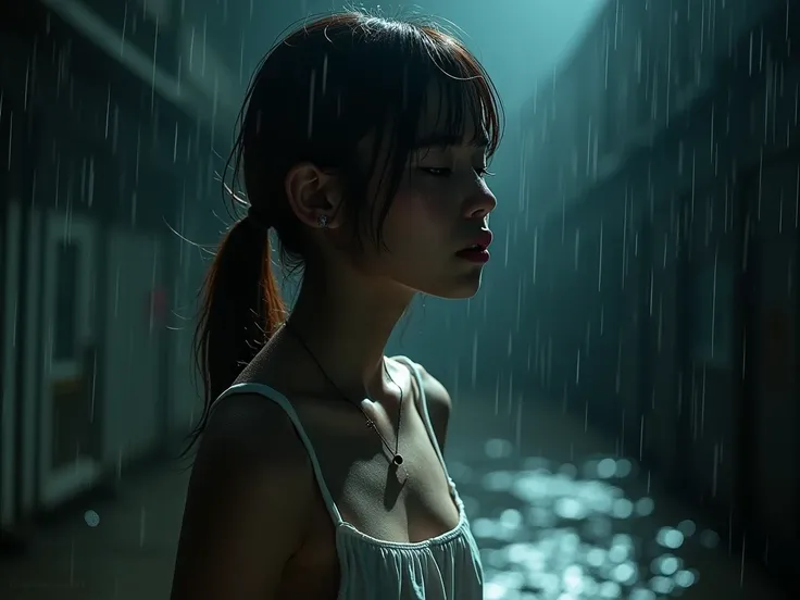 Best Image Quality, Ultra High Resolution, (Fidelity:1.4), Photo, 1 20 year old girl, white shirt, dark, (night), (wet clothes:1.4), perfect faces, bare shoulders, real rain, wet hair, cinematic, god rays, ray tracing, reflection light, expressionism, real...