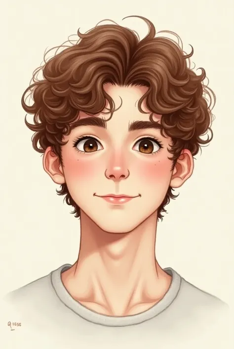 Picture in drawing of a young man with curly brown hair and not so brunette tea
