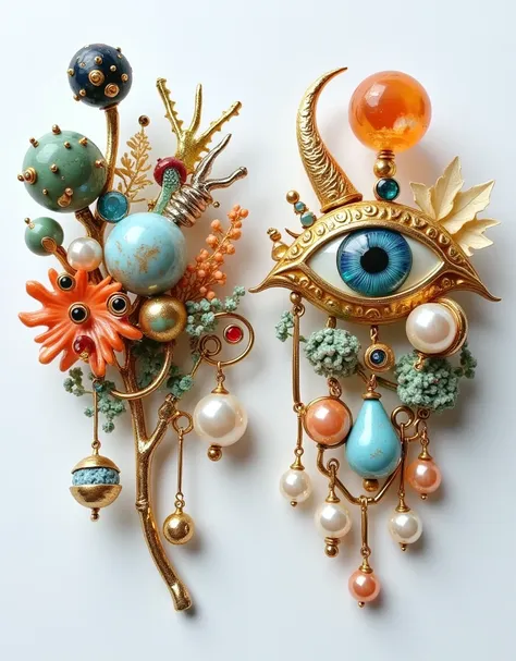 product design：exquisite exaggerated brooches，baroque pearls and an eye element and gemstone，sun，moon，beeswax，amber，turquoise，co...