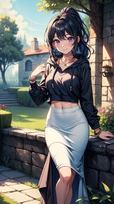 ((((masterpiece, best quality:1.3, high detail)))), beautiful woman, looking at viewer, long wavy hair, (dark blue hair), purple eyes, low ponytail, (small breasts), (white hoodie), (black midi pencil (skirt)), long skirt:1.4, collarbone, midriff, necklace...