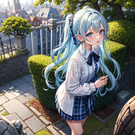 Light blue hair、Rainbow Eyes、Wavy Hair、Hair tied up、Two cute、 Plaid Mini Skirt 、Black T-shirt、Long sleeve、and、striped high socks、tie、Teeth are visible、Ice Castle、Tilting face、lawn、In front of the city gate、The stone is cracked、Uneven ground、Stone Wall、The ...