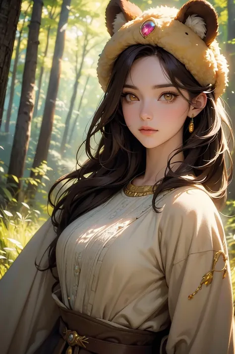 a hermitess with light brown hair,yellow eyes,bear headdress,wandering the woods,female portrait,fantasy,whimsical,digital painting,highly detailed,cinematic lighting,vibrant colors,dramatic shadows,photorealistic,concept art style,masterpiece,best quality...